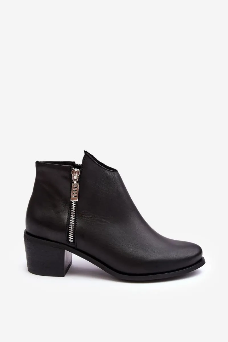 Online Boto Skórzane Botki Damskie Z Niską Cholewką Na Słupku Z Suwakami Czarne Annaja
