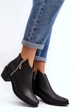 Online Boto Skórzane Botki Damskie Z Niską Cholewką Na Słupku Z Suwakami Czarne Annaja