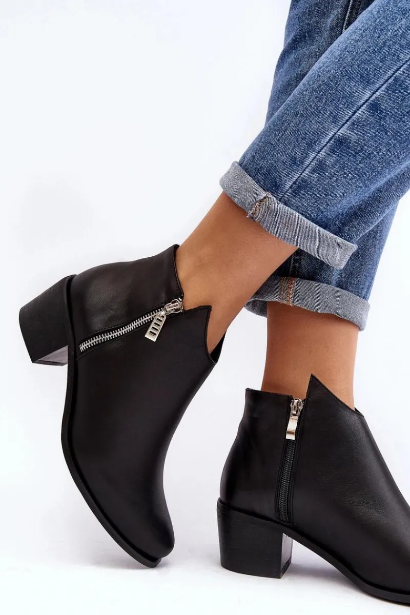 Online Boto Skórzane Botki Damskie Z Niską Cholewką Na Słupku Z Suwakami Czarne Annaja