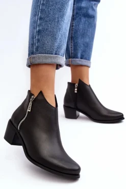 Online Boto Skórzane Botki Damskie Z Niską Cholewką Na Słupku Z Suwakami Czarne Annaja