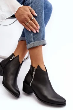 Online Boto Skórzane Botki Damskie Z Niską Cholewką Na Słupku Z Suwakami Czarne Annaja