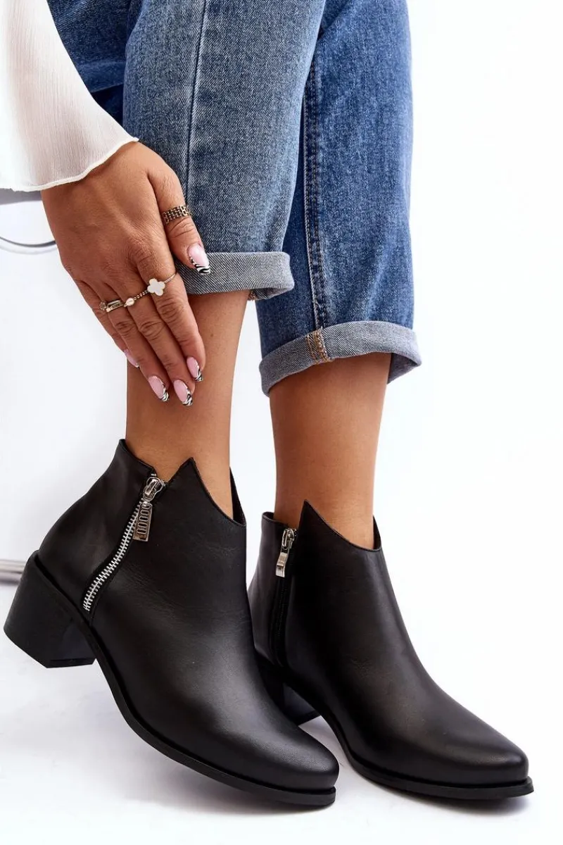 Online Boto Skórzane Botki Damskie Z Niską Cholewką Na Słupku Z Suwakami Czarne Annaja