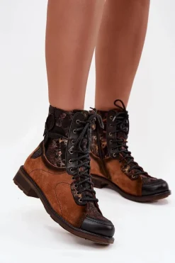 Sale Maciejka Skórzane Botki Damskie Z Naturalnej Skóry Na Płaskim Obcasie 07004-29 Camel