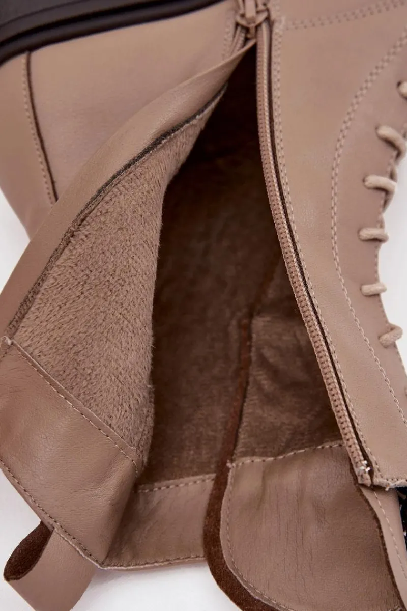 Sale Skórzane Botki Damskie Z Ozdobą Ocieplane Beżowe Ulrika Damskie Botki Ocieplane|Botki Skórzane