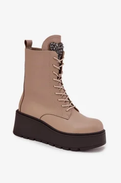 Sale Skórzane Botki Damskie Z Ozdobą Ocieplane Beżowe Ulrika Damskie Botki Ocieplane|Botki Skórzane