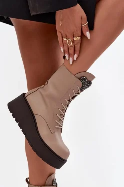 Sale Skórzane Botki Damskie Z Ozdobą Ocieplane Beżowe Ulrika Damskie Botki Ocieplane|Botki Skórzane