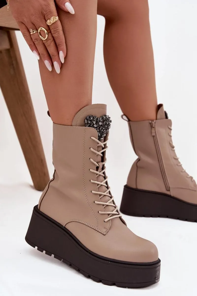 Sale Skórzane Botki Damskie Z Ozdobą Ocieplane Beżowe Ulrika Damskie Botki Ocieplane|Botki Skórzane