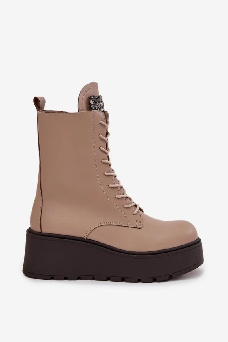 Sale Skórzane Botki Damskie Z Ozdobą Ocieplane Beżowe Ulrika Damskie Botki Ocieplane|Botki Skórzane