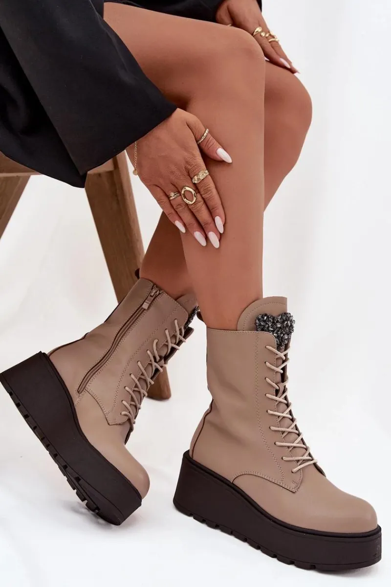 Sale Skórzane Botki Damskie Z Ozdobą Ocieplane Beżowe Ulrika Damskie Botki Ocieplane|Botki Skórzane