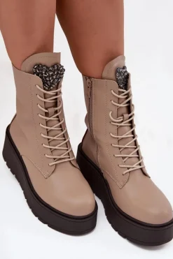 Sale Skórzane Botki Damskie Z Ozdobą Ocieplane Beżowe Ulrika Damskie Botki Ocieplane|Botki Skórzane