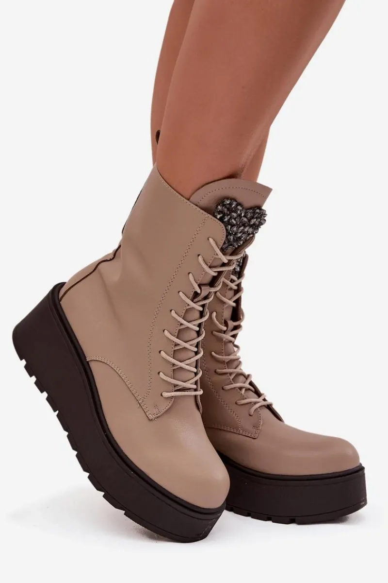 Sale Skórzane Botki Damskie Z Ozdobą Ocieplane Beżowe Ulrika Damskie Botki Ocieplane|Botki Skórzane