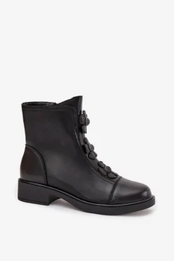 Outlet Skórzane Botki Damskie Z Ozdobnymi Kwiatkami Ocieplane Czarne Belverine Damskie Botki Ocieplane|Czarne Botki