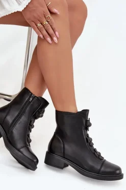 Outlet Skórzane Botki Damskie Z Ozdobnymi Kwiatkami Ocieplane Czarne Belverine Damskie Botki Ocieplane|Czarne Botki