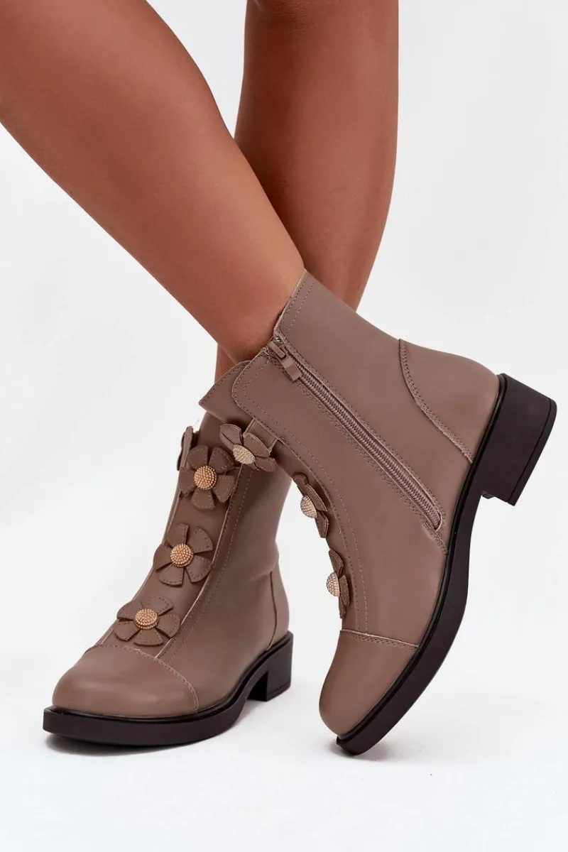 Online Boto Skórzane Botki Damskie Z Ozdobnymi Kwiatkami Ocieplane Beżowe Belverine Beżowy