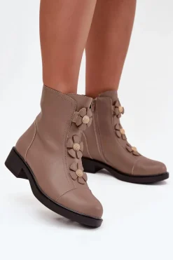 Online Boto Skórzane Botki Damskie Z Ozdobnymi Kwiatkami Ocieplane Beżowe Belverine Beżowy