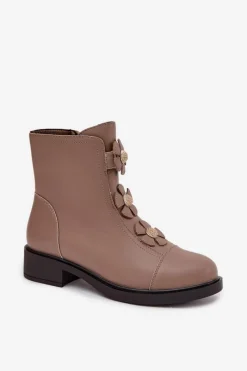 Online Boto Skórzane Botki Damskie Z Ozdobnymi Kwiatkami Ocieplane Beżowe Belverine Beżowy