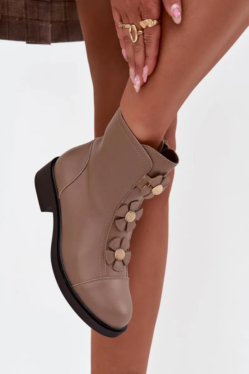 Online Boto Skórzane Botki Damskie Z Ozdobnymi Kwiatkami Ocieplane Beżowe Belverine Beżowy