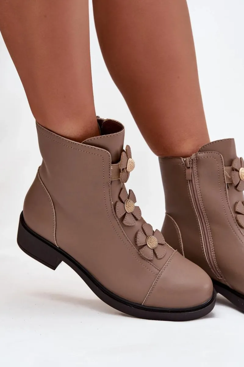 Online Boto Skórzane Botki Damskie Z Ozdobnymi Kwiatkami Ocieplane Beżowe Belverine Beżowy