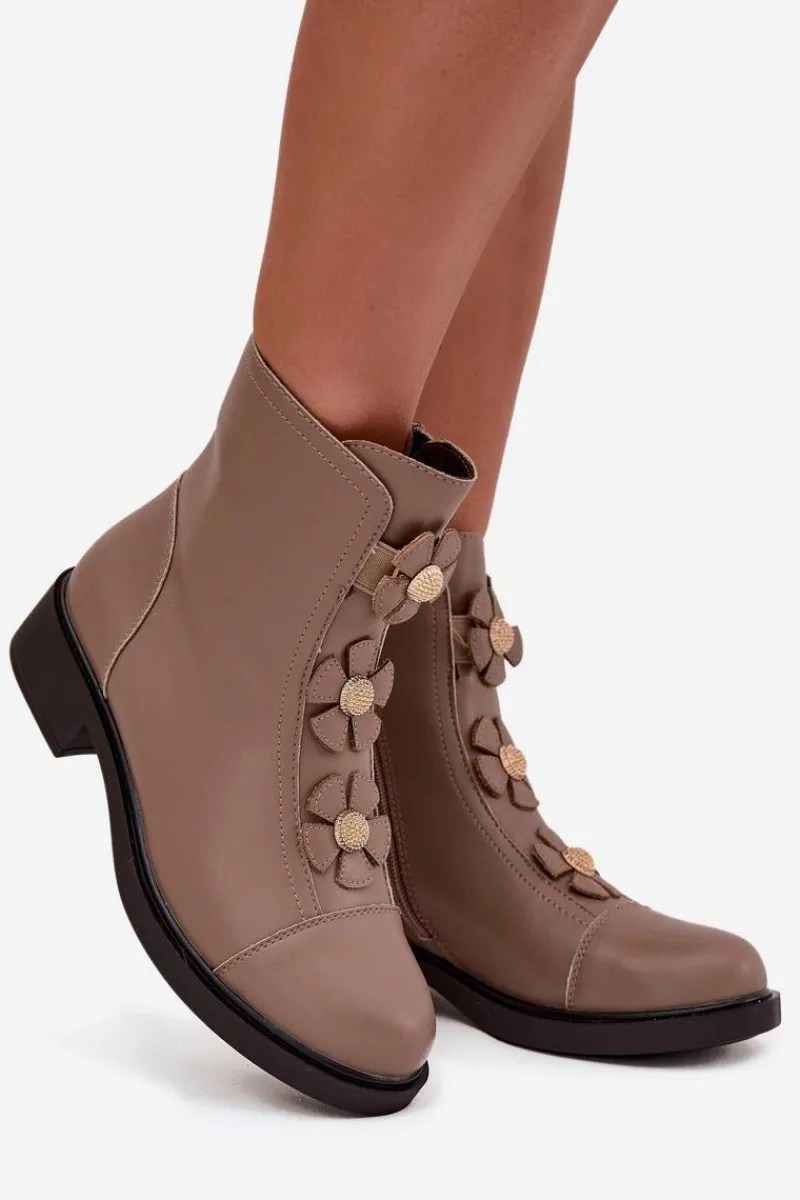 Online Boto Skórzane Botki Damskie Z Ozdobnymi Kwiatkami Ocieplane Beżowe Belverine Beżowy