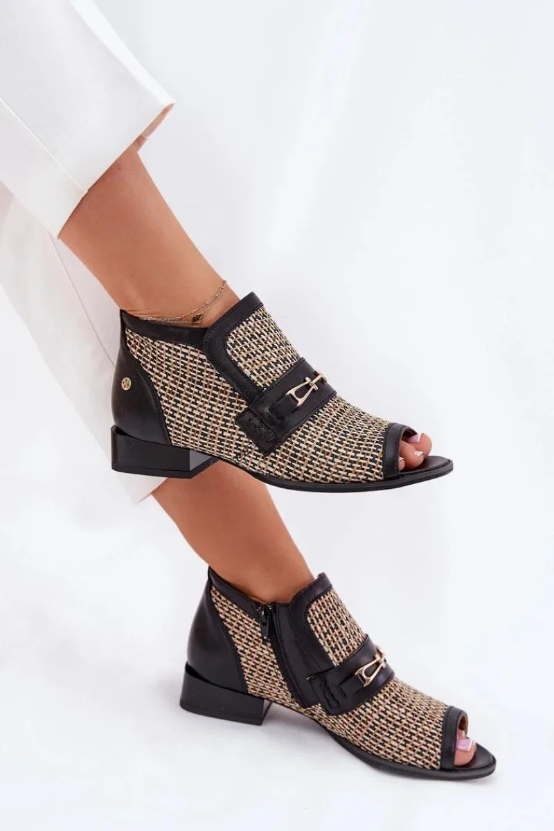 Online Maciejka Skórzane Botki Damskie Z Odkrytymi Palcami 06934-39/00-1 Czarno-Beżowe