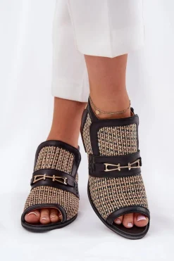 Online Maciejka Skórzane Botki Damskie Z Odkrytymi Palcami 06934-39/00-1 Czarno-Beżowe