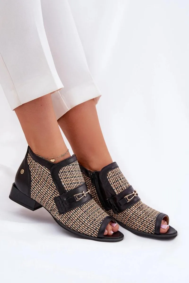 Online Maciejka Skórzane Botki Damskie Z Odkrytymi Palcami 06934-39/00-1 Czarno-Beżowe