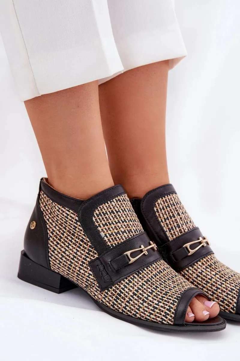 Online Maciejka Skórzane Botki Damskie Z Odkrytymi Palcami 06934-39/00-1 Czarno-Beżowe