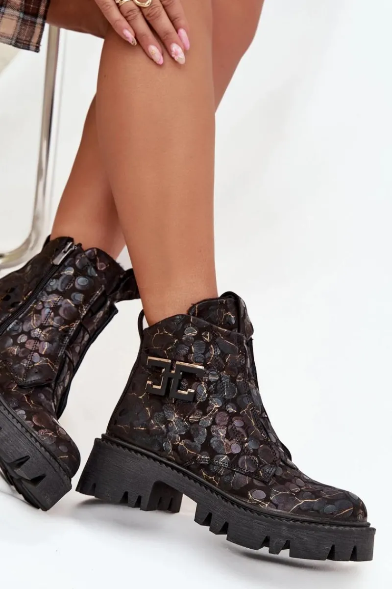 Botki Ocieplane|Botki Skórzane>Artiker Skórzane Botki Damskie Z Ozdobą Ocieplane 57C2084 Czarno-Złote Czarny