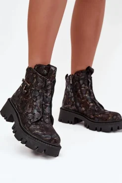 Botki Ocieplane|Botki Skórzane>Artiker Skórzane Botki Damskie Z Ozdobą Ocieplane 57C2084 Czarno-Złote Czarny
