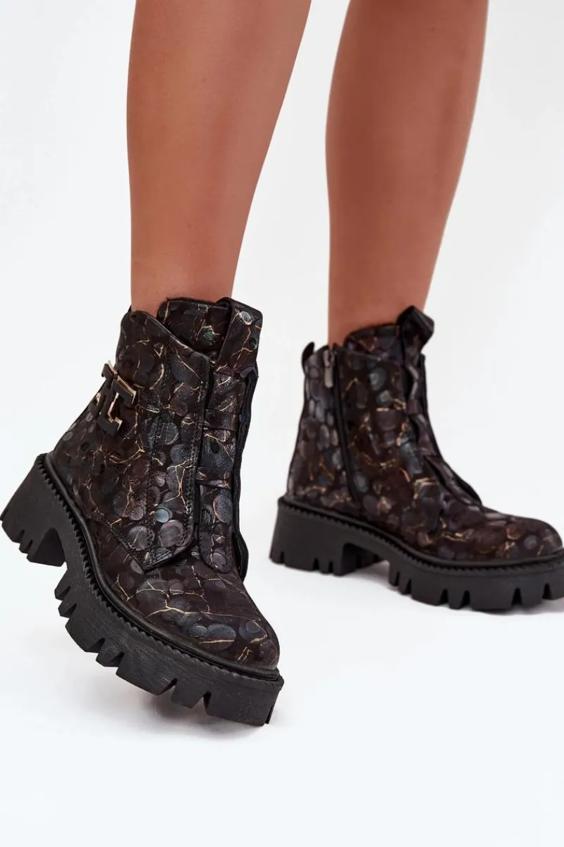 Botki Ocieplane|Botki Skórzane>Artiker Skórzane Botki Damskie Z Ozdobą Ocieplane 57C2084 Czarno-Złote Czarny