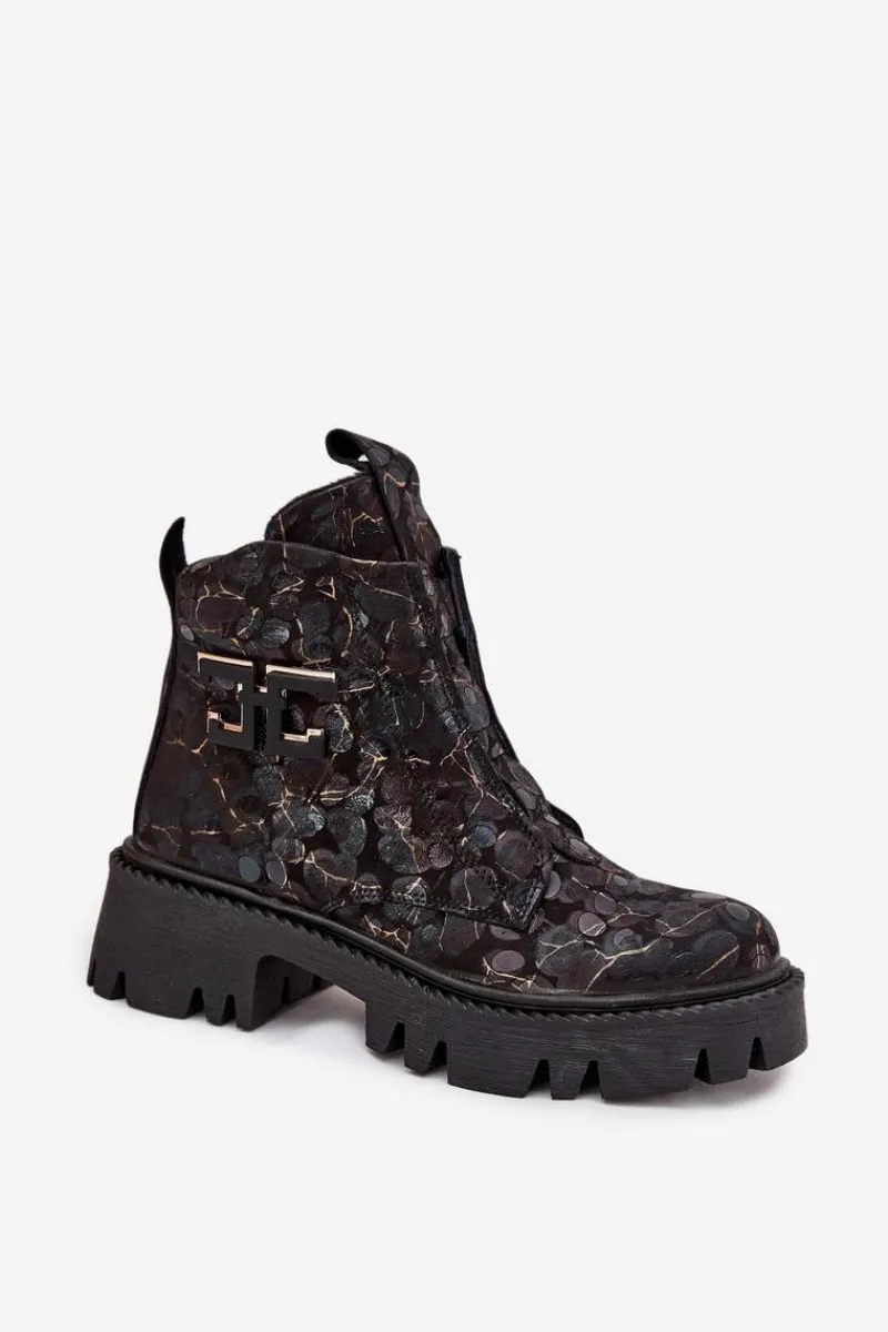 Botki Ocieplane|Botki Skórzane>Artiker Skórzane Botki Damskie Z Ozdobą Ocieplane 57C2084 Czarno-Złote Czarny