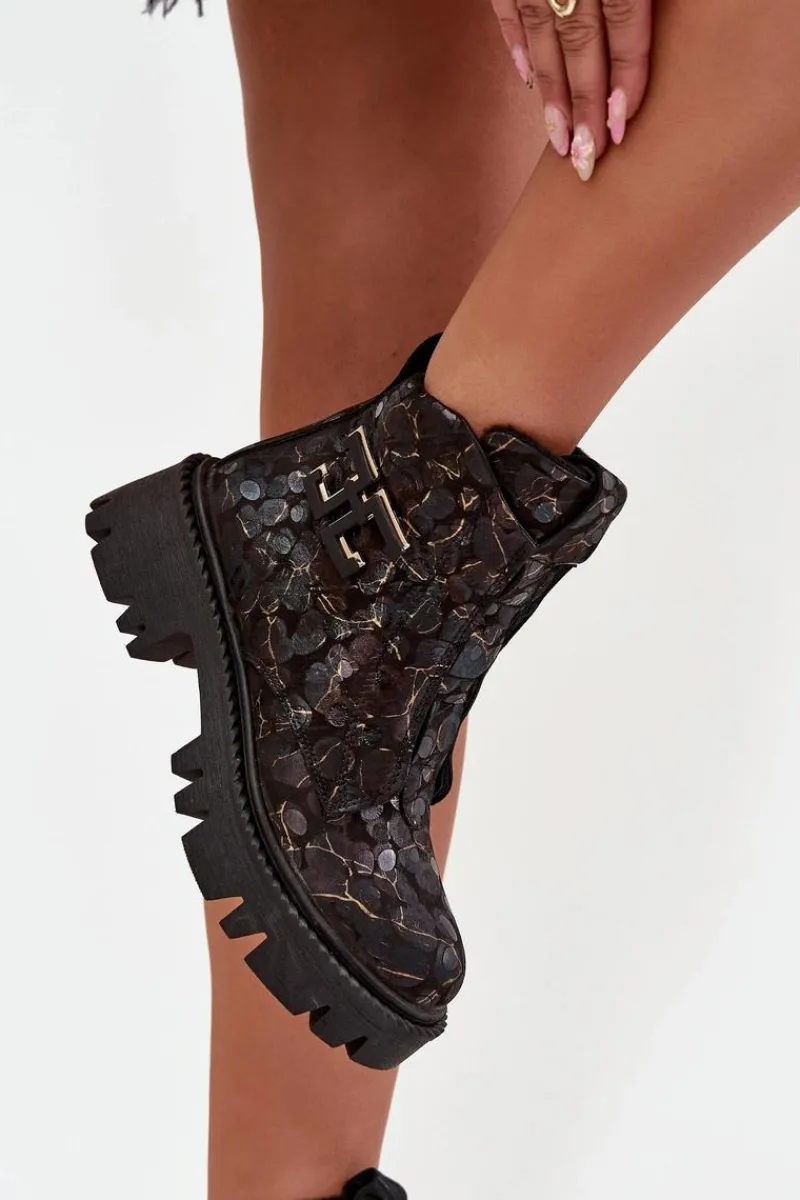 Botki Ocieplane|Botki Skórzane>Artiker Skórzane Botki Damskie Z Ozdobą Ocieplane 57C2084 Czarno-Złote Czarny