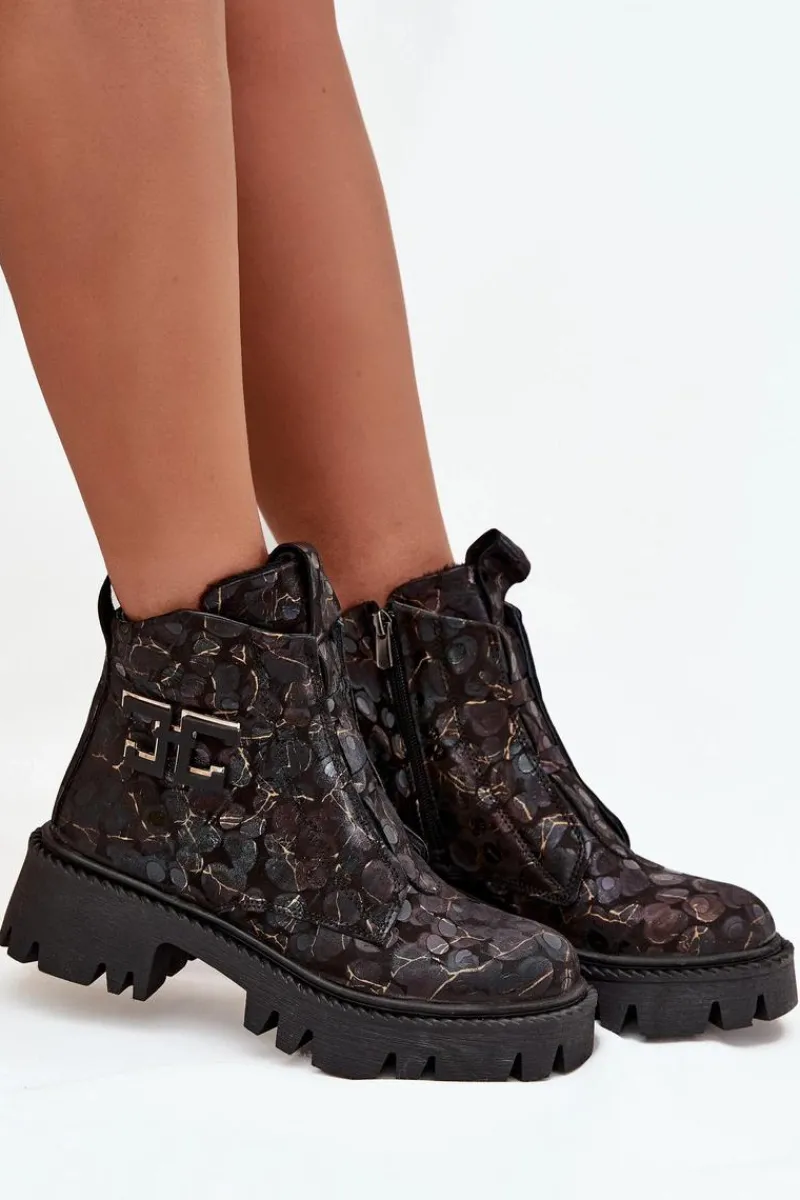 Botki Ocieplane|Botki Skórzane>Artiker Skórzane Botki Damskie Z Ozdobą Ocieplane 57C2084 Czarno-Złote Czarny