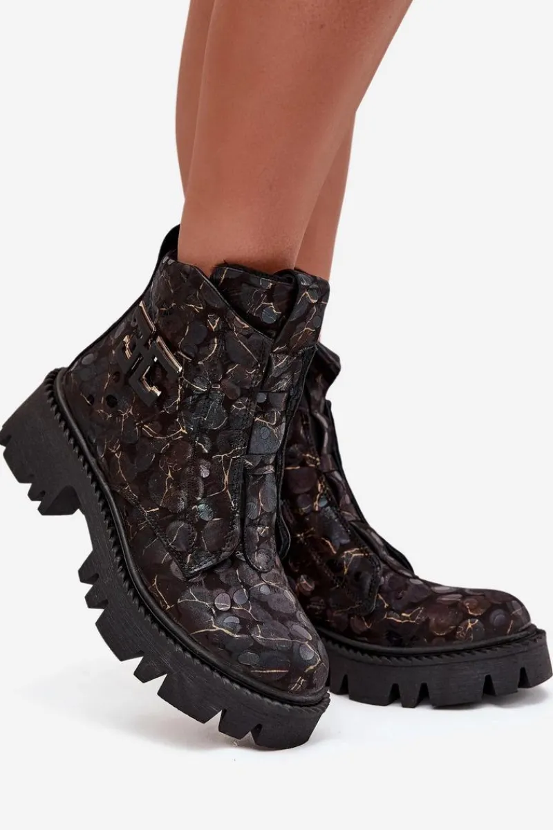 Botki Ocieplane|Botki Skórzane>Artiker Skórzane Botki Damskie Z Ozdobą Ocieplane 57C2084 Czarno-Złote Czarny