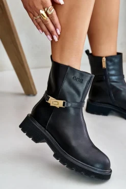 Botki Ocieplane|Czarne Botki>GOE Skórzane Botki Damskie Z Paskiem Ocieplane OO2N4150 Czarne