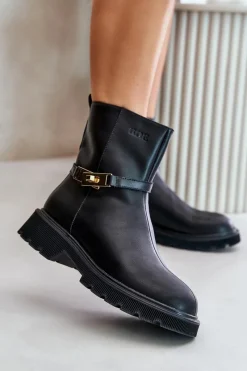 Botki Ocieplane|Czarne Botki>GOE Skórzane Botki Damskie Z Paskiem Ocieplane OO2N4150 Czarne