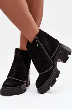 Best Skórzane Botki Damskie Z Wywiniętą Cholewką 07145-01 Czarne Damskie Botki Ocieplane|Botki Maciejka