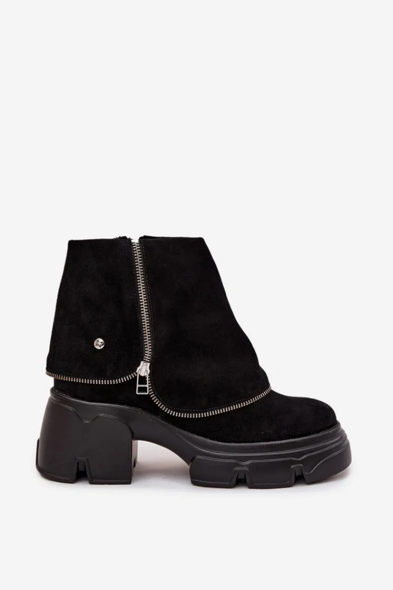 Best Skórzane Botki Damskie Z Wywiniętą Cholewką 07145-01 Czarne Damskie Botki Ocieplane|Botki Maciejka