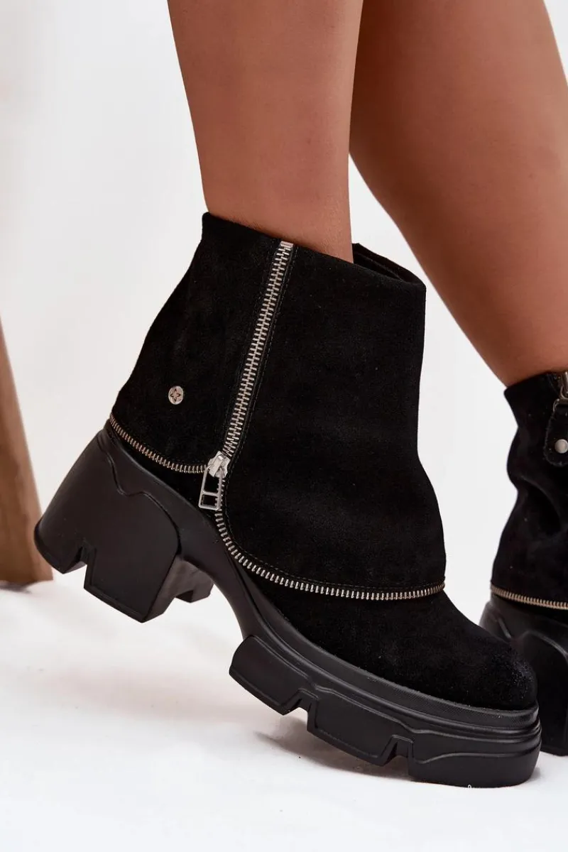 Best Skórzane Botki Damskie Z Wywiniętą Cholewką 07145-01 Czarne Damskie Botki Ocieplane|Botki Maciejka