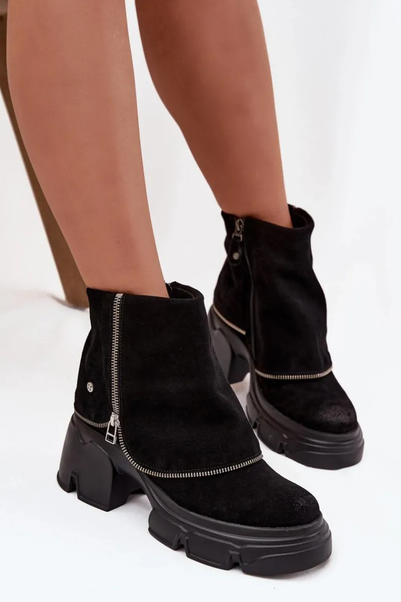 Best Skórzane Botki Damskie Z Wywiniętą Cholewką 07145-01 Czarne Damskie Botki Ocieplane|Botki Maciejka