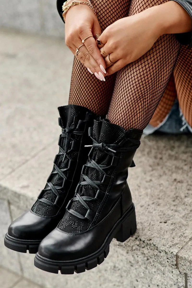 Best Boto Skórzane Botki Damskie Z Wiązaniem Czarne Doreli