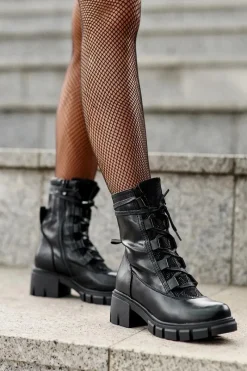 Best Boto Skórzane Botki Damskie Z Wiązaniem Czarne Doreli