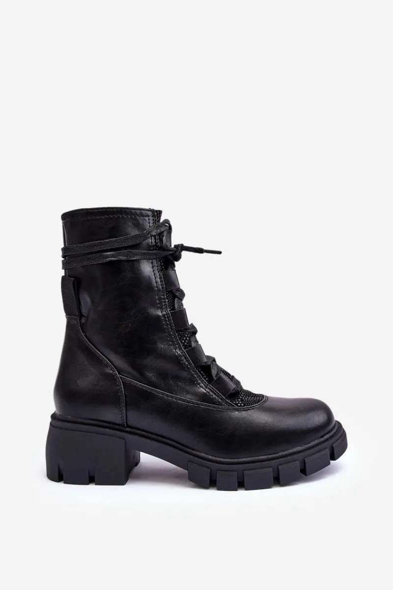 Best Boto Skórzane Botki Damskie Z Wiązaniem Czarne Doreli