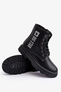 Hot Big Star Shoes Skórzane Botki Dziecięce Ocieplane Big Star MM374152 Czarne Czarny