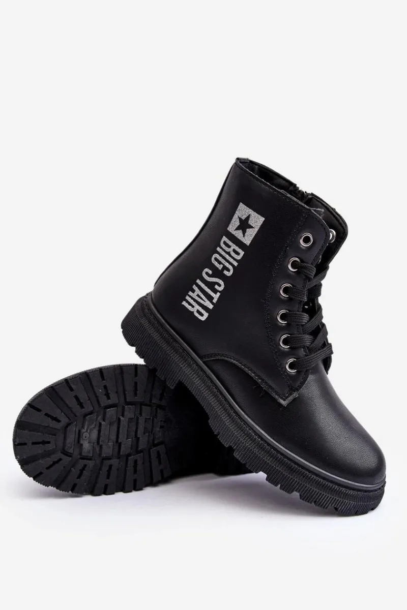 Hot Big Star Shoes Skórzane Botki Dziecięce Ocieplane Big Star MM374152 Czarne Czarny