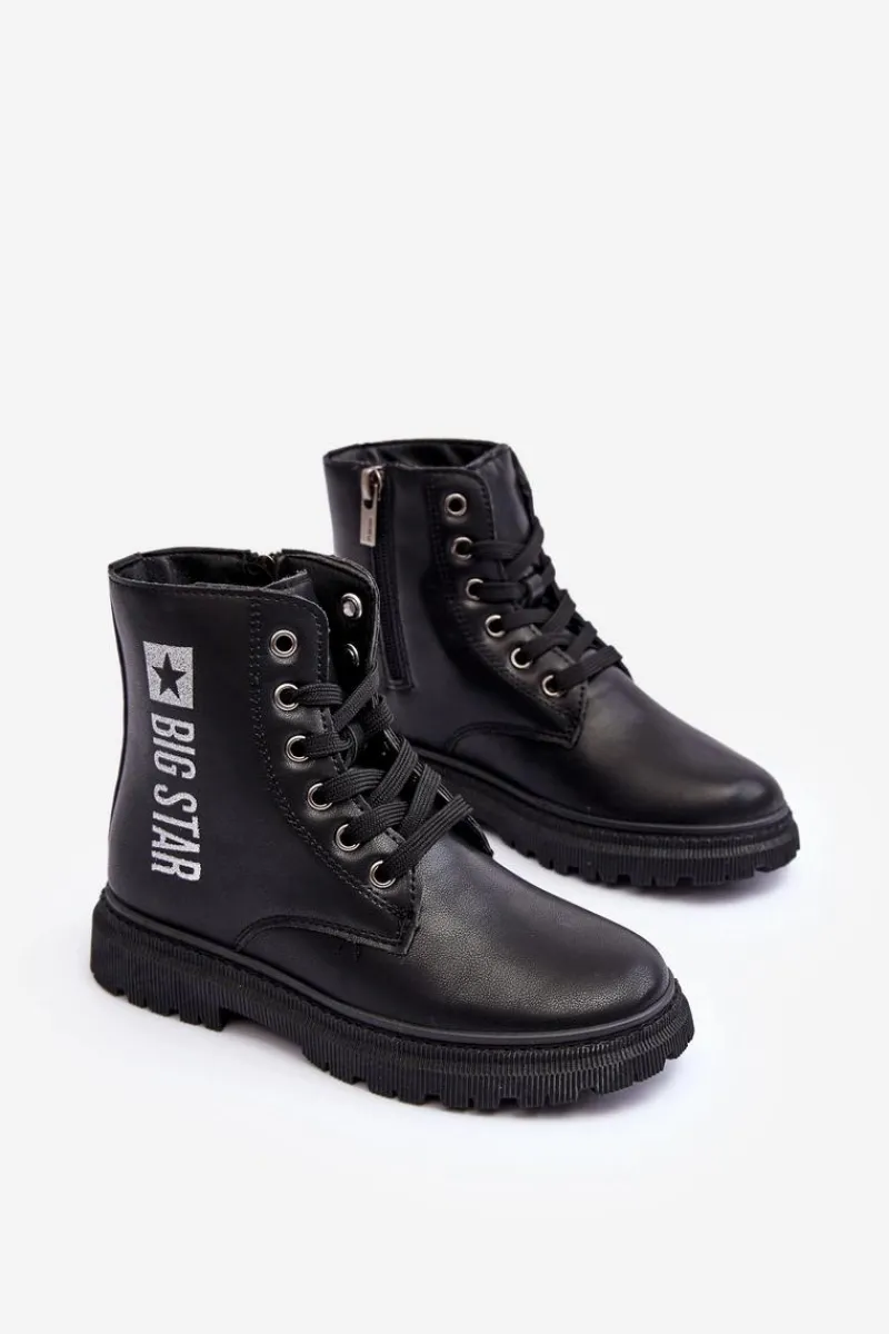 Hot Big Star Shoes Skórzane Botki Dziecięce Ocieplane Big Star MM374152 Czarne Czarny