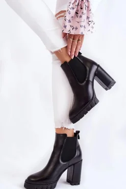 New Skórzane Botki Gładkie Na Słupku Czarne Eldey Damskie Botki Ocieplane|Damskie Trapery