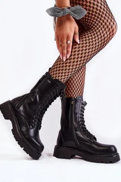 Damskie Trapery|Botki Sznurowane>Big Star Shoes Skórzane Botki Glany Big Star KK274494 Czarne