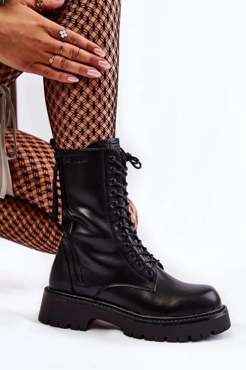 Damskie Trapery|Botki Sznurowane>Big Star Shoes Skórzane Botki Glany Big Star KK274494 Czarne