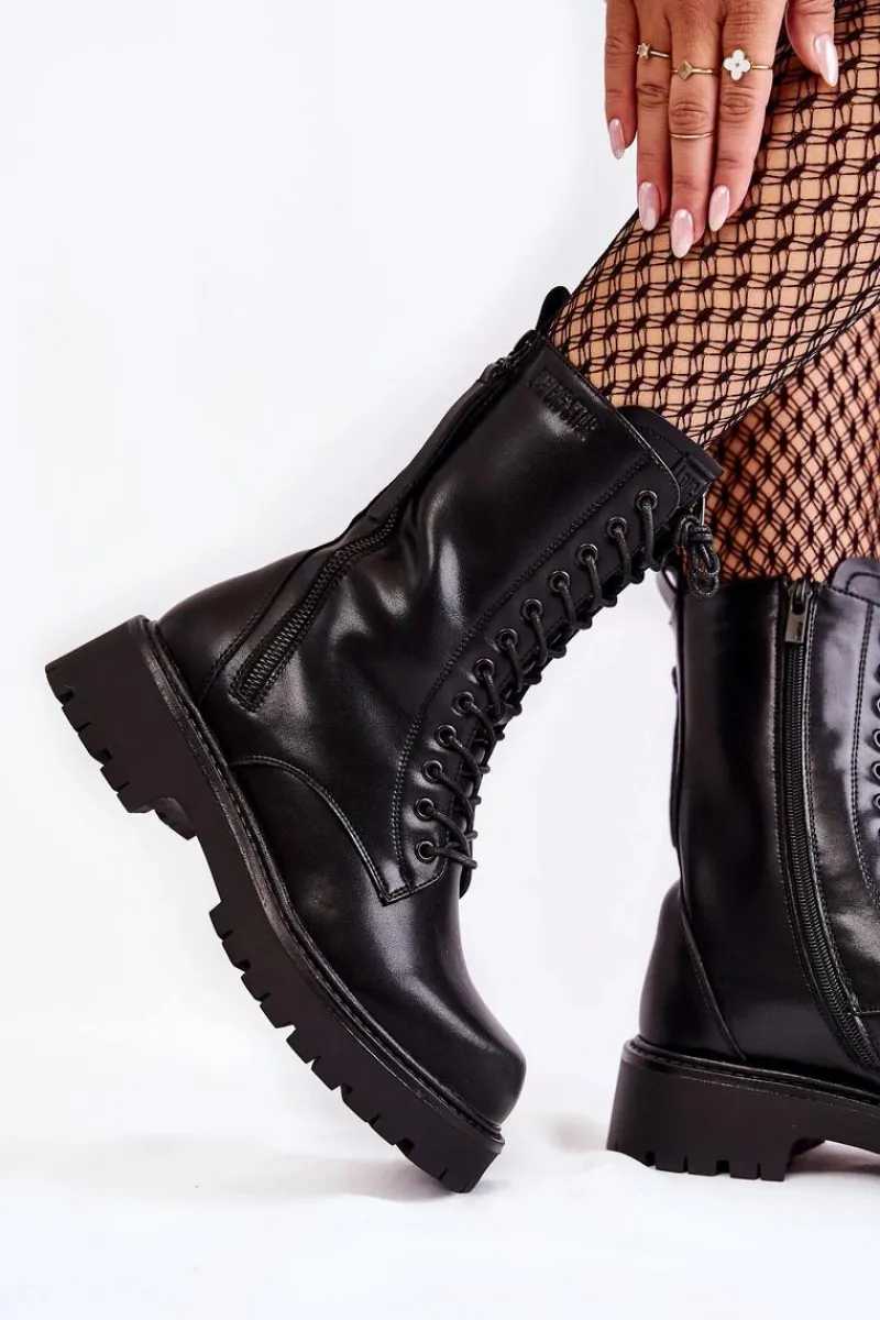 Damskie Trapery|Botki Sznurowane>Big Star Shoes Skórzane Botki Glany Big Star KK274494 Czarne